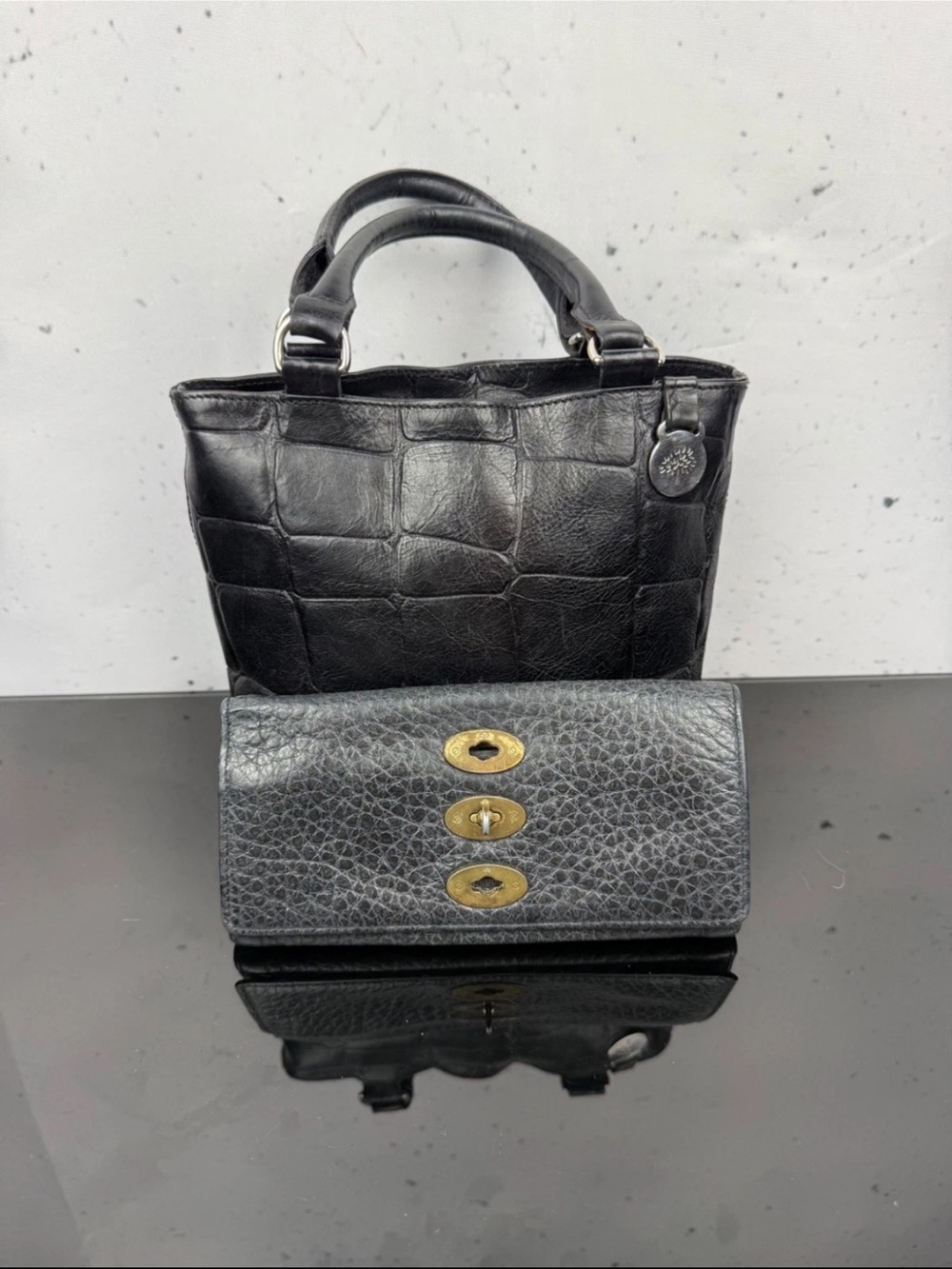 Mulberry Black Croc-Embossed Satchel with Black Textured Wallet